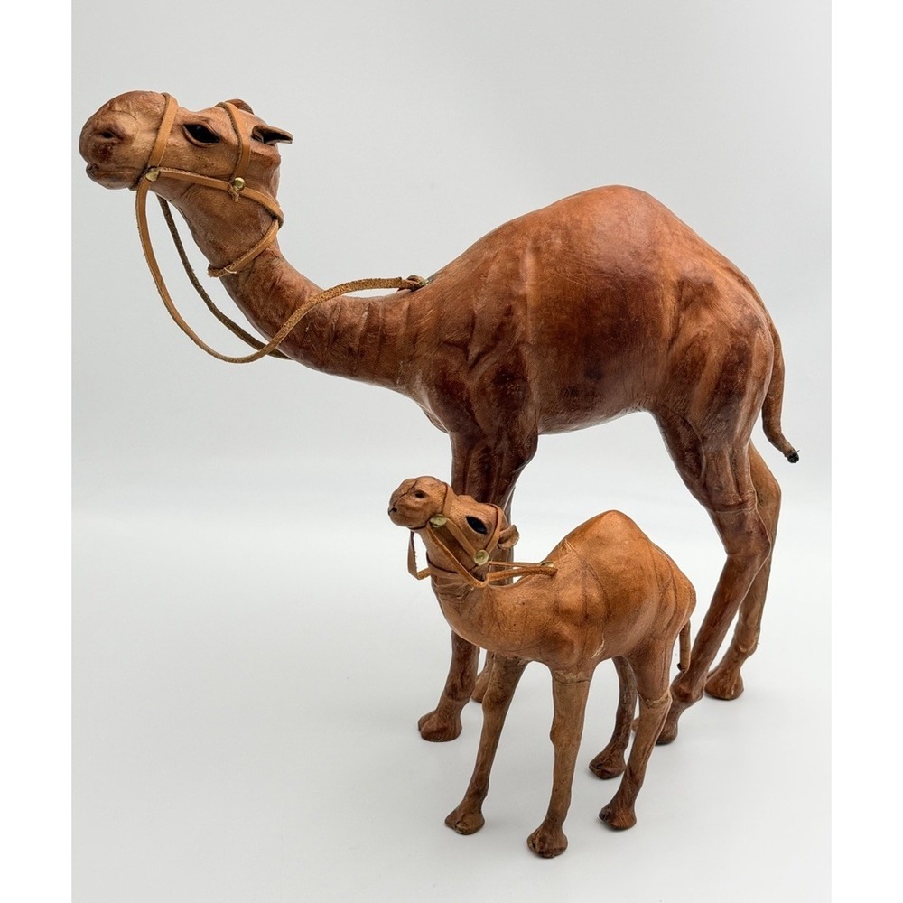 Vintage Handcrafted Leather Camel Figurines Set Large & Baby Brown Decor